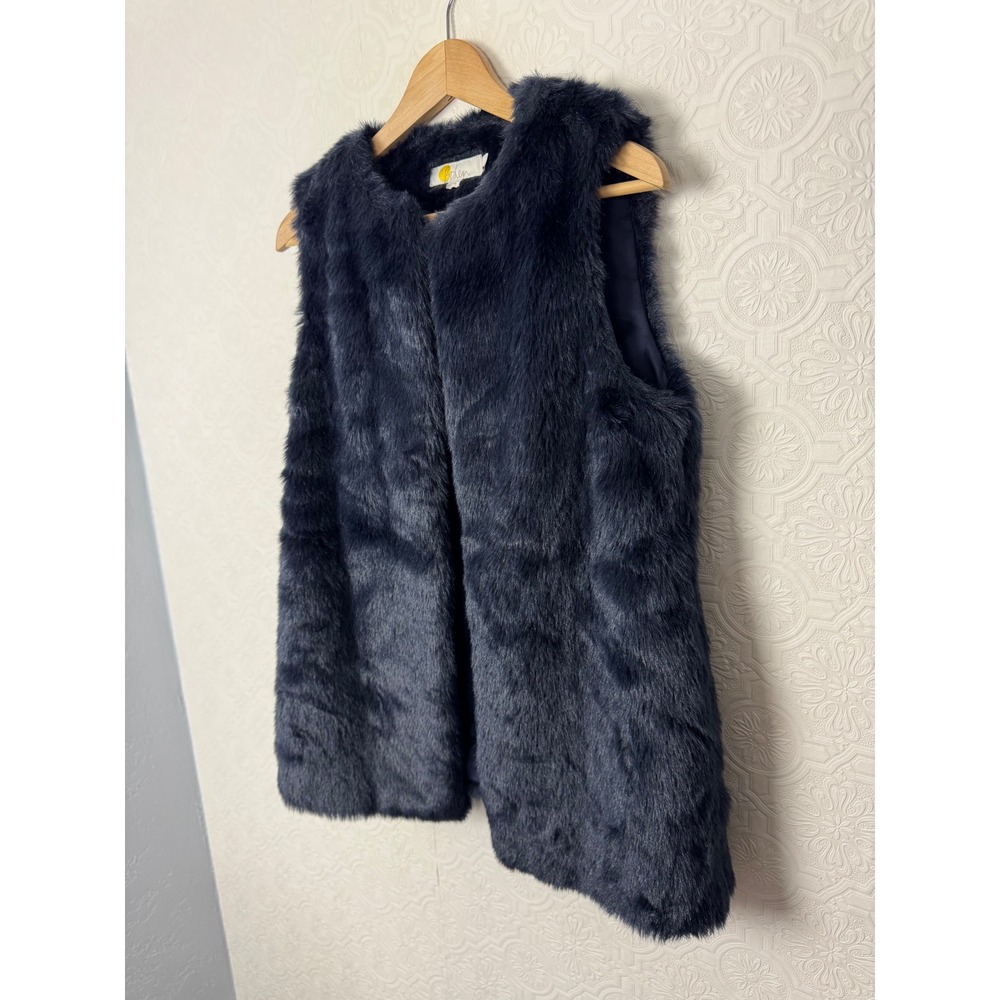 Boden Faux Fur Vest Gilet Open Front T0213 Womens Size 6 Navy Blue Warm